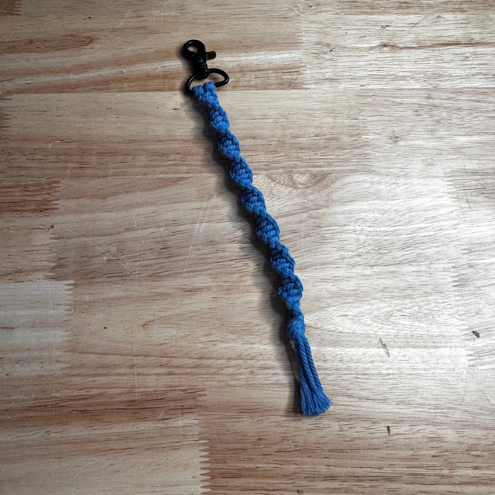 Handmade Macrame Spiral Knot Keychain Blue Cotton Cord Black Lobster Clasp 9.5in